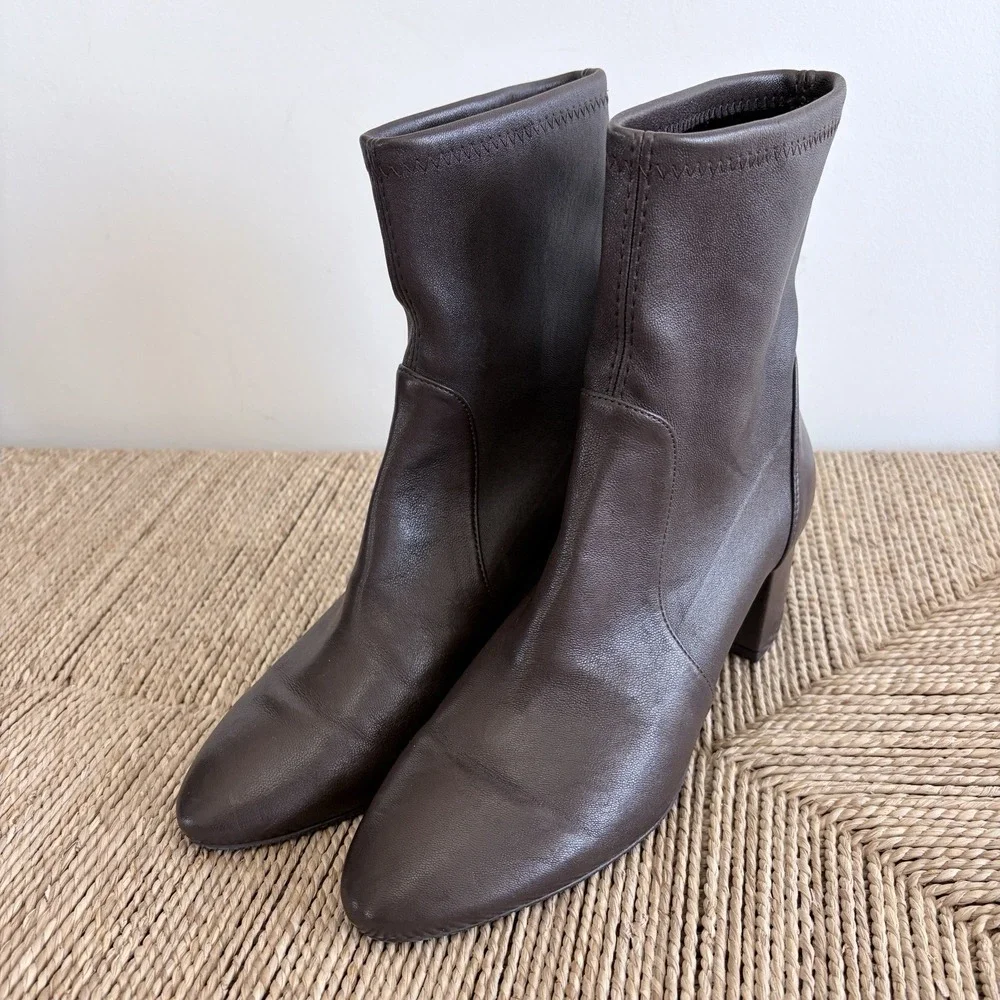 STUART WEITZMAN Lucie Block Heel Leather‎ Brown Boots S6277 US 6.5 EU 37 Pull-on